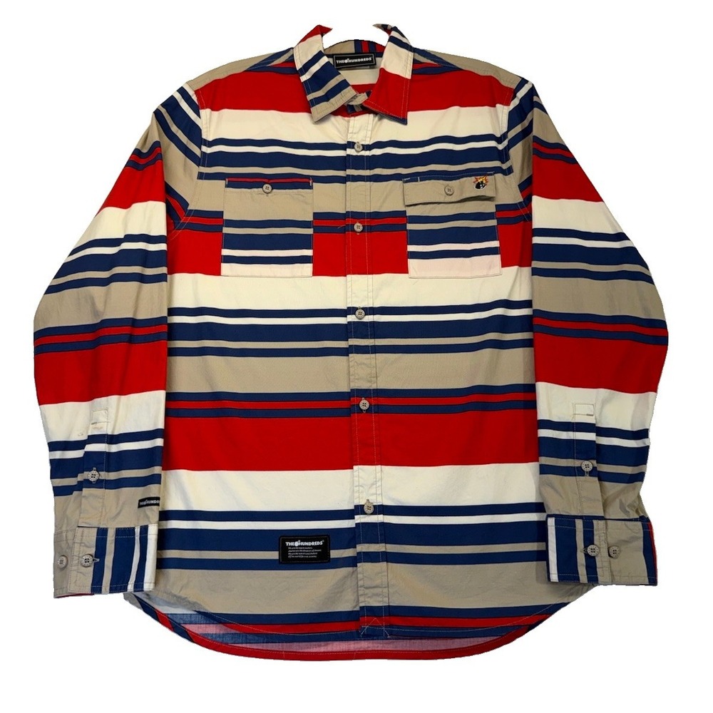 The Hundreds Men's Red Blue White Striped Long Sleeves Button Up Shirt XL